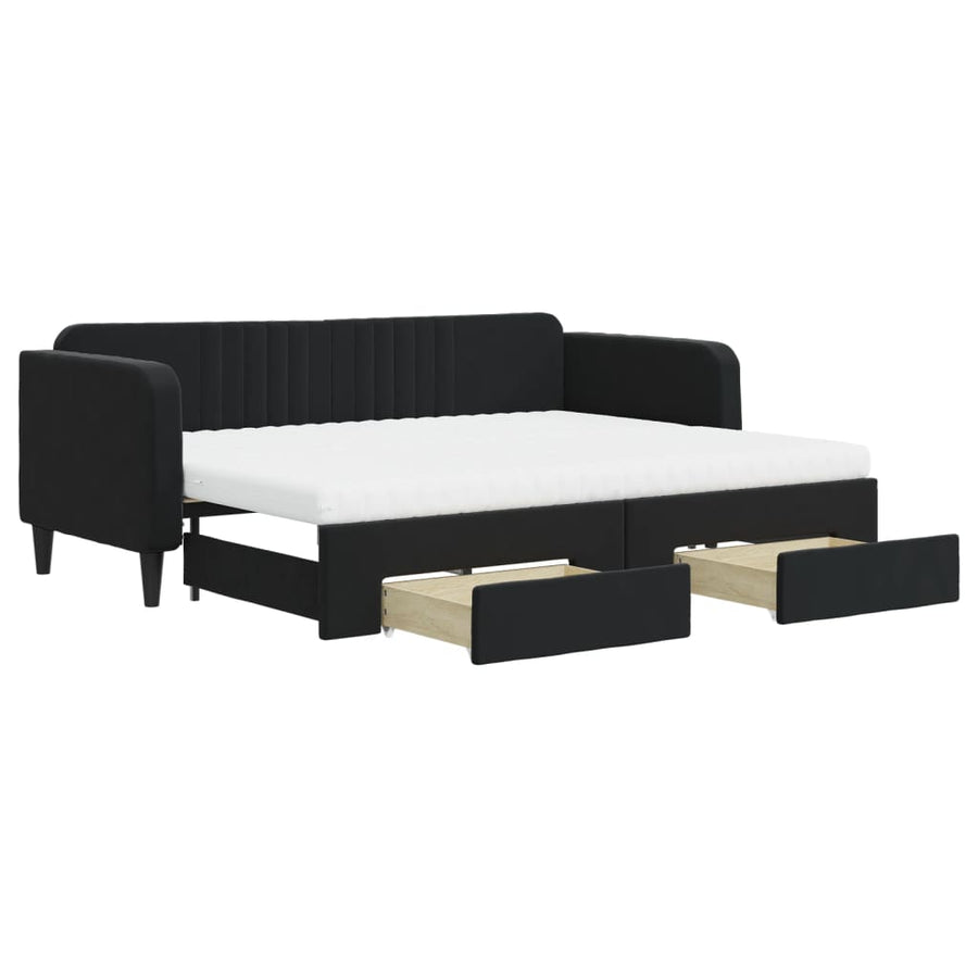 Slaapbank Met Onderschuifbed En Lades Fluweel 80 x 200 cm Zwart met onderschuifbed en lade en matras