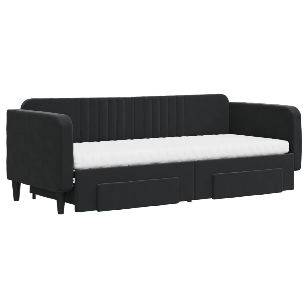 Slaapbank Met Onderschuifbed En Lades Fluweel 80 x 200 cm Zwart met onderschuifbed en lade en matras