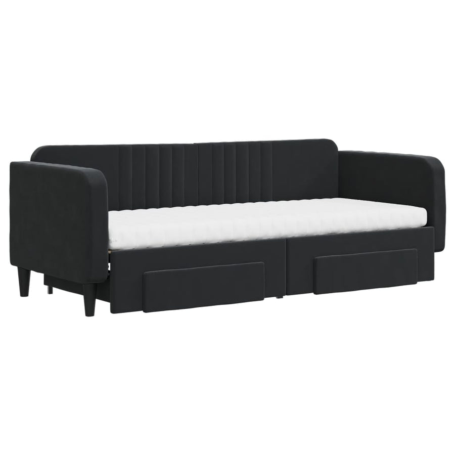 Slaapbank Met Onderschuifbed En Lades Fluweel 80 x 200 cm Zwart met onderschuifbed en lade en matras
