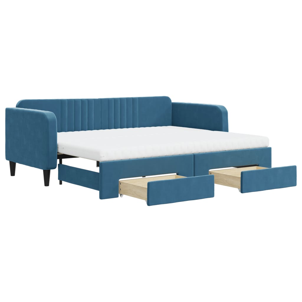 Slaapbank Met Onderschuifbed En Lades 90X200 Cm Fluweel Blauw 90 x 200 cm met onderschuifbed en lade en matras