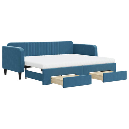 Slaapbank Met Onderschuifbed En Lades 90X200 Cm Fluweel Blauw 90 x 200 cm met onderschuifbed en lade en matras