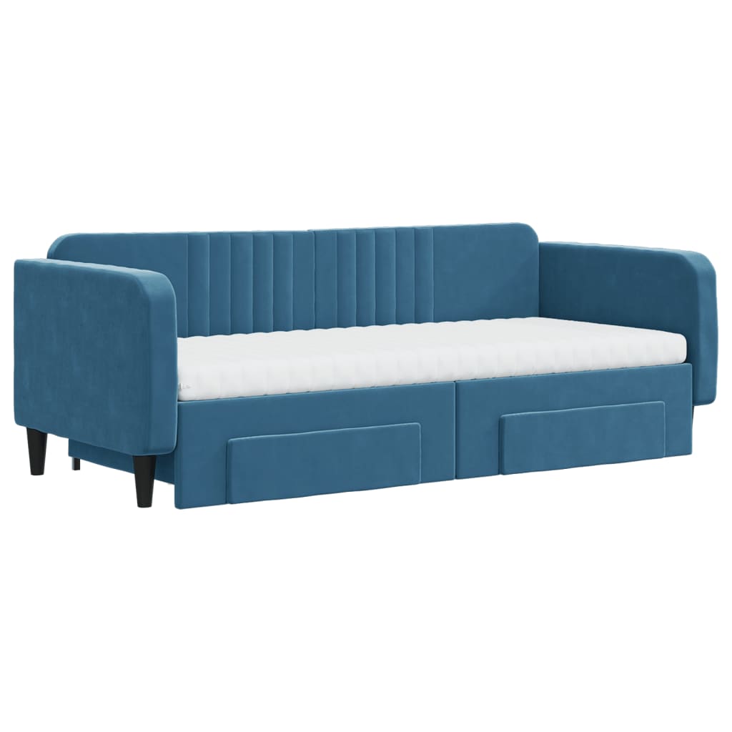 Slaapbank Met Onderschuifbed En Lades 90X200 Cm Fluweel Blauw 90 x 200 cm met onderschuifbed en lade en matras