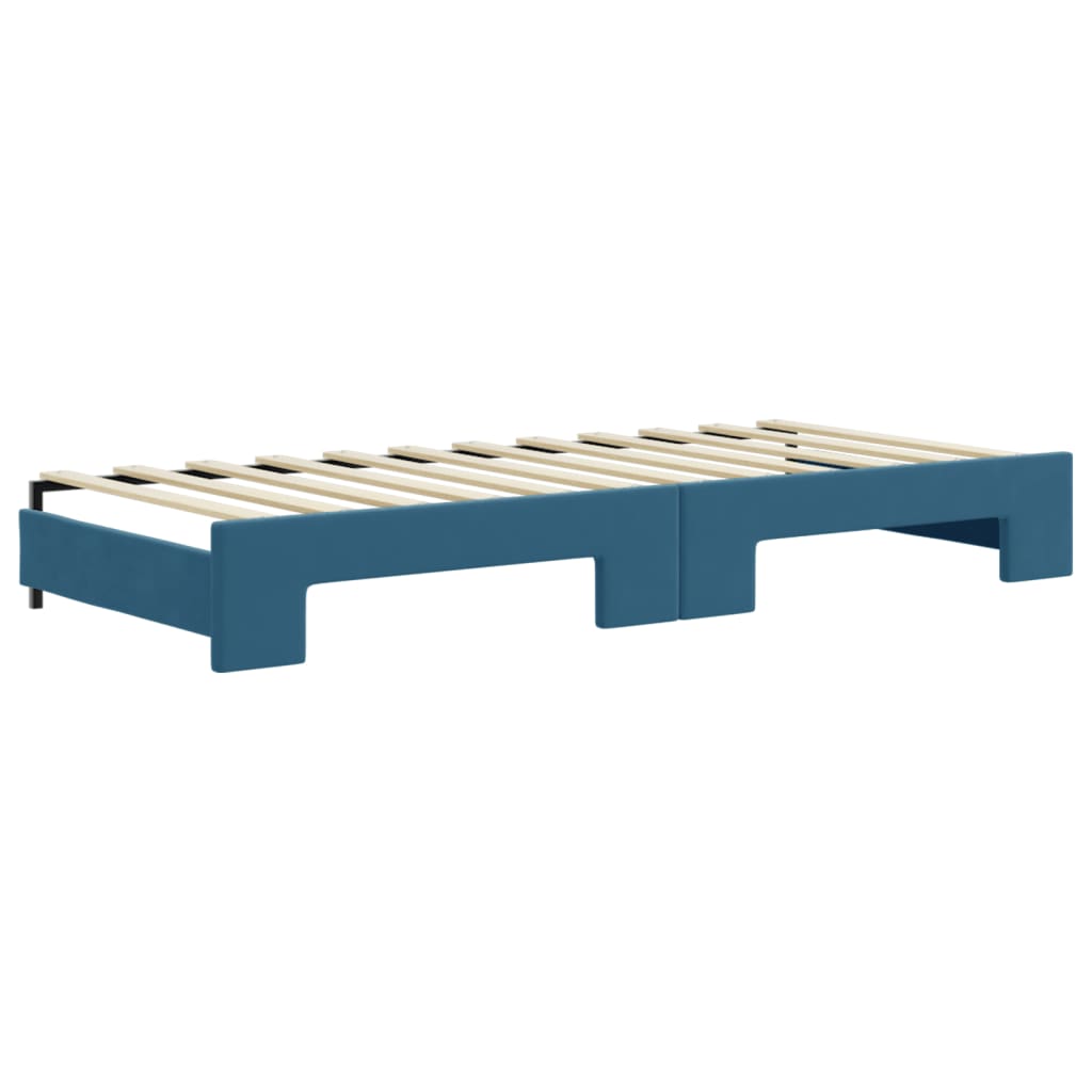Slaapbank Met Onderschuifbed En Lades 90X200 Cm Fluweel Blauw 90 x 200 cm met onderschuifbed en lade en matras