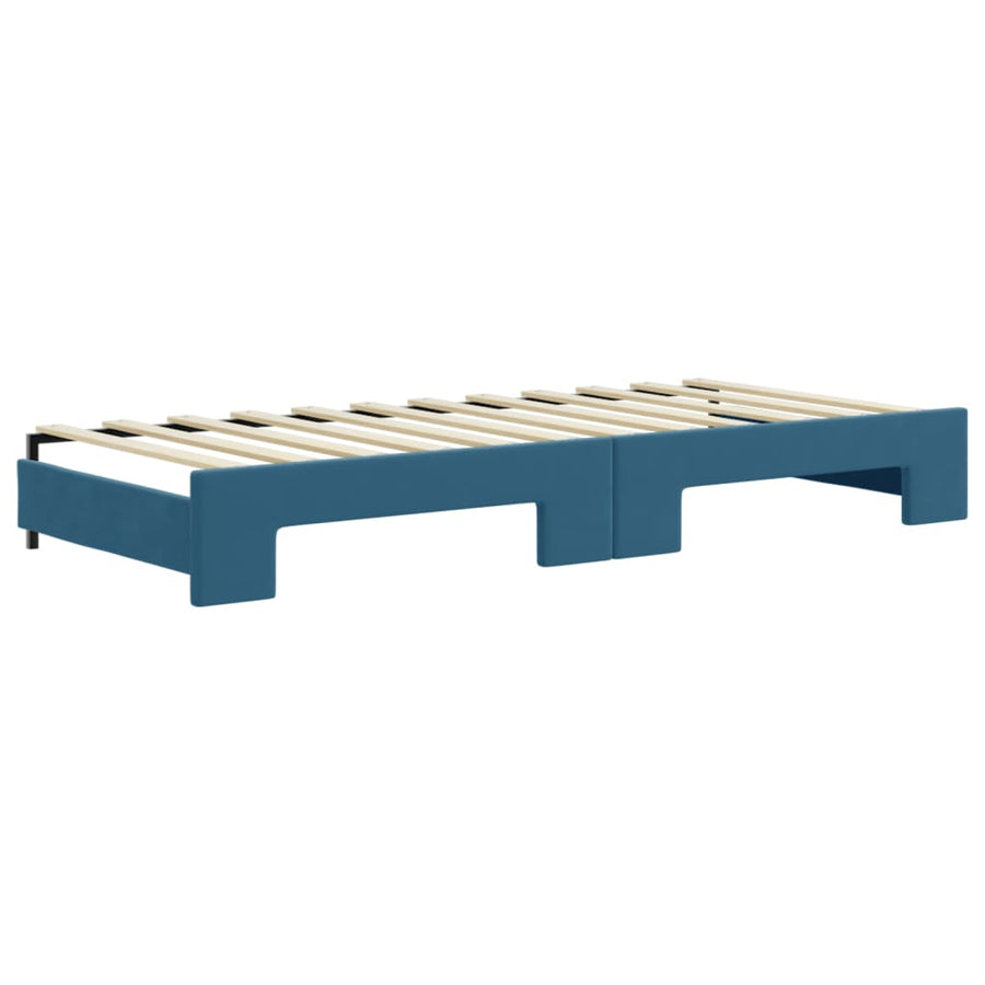 Slaapbank Met Onderschuifbed En Lades 90X200 Cm Fluweel Blauw 90 x 200 cm met onderschuifbed en lade en matras