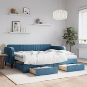 Slaapbank met onderschuifbed en lades 90x200 cm blauw fluweel