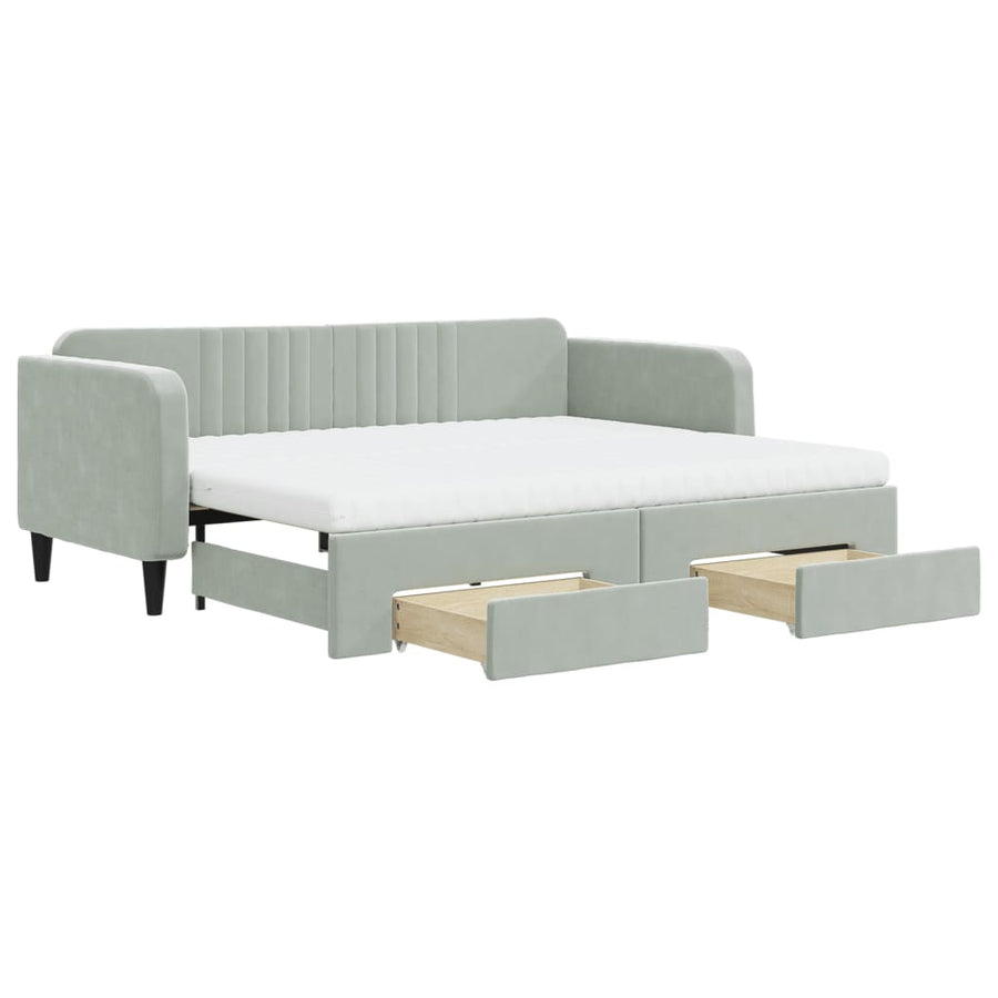 Slaapbank Onderschuifbed En Lades Fluweel Lichtgrijs 90 x 200 cm met onderschuifbed en lade en matras