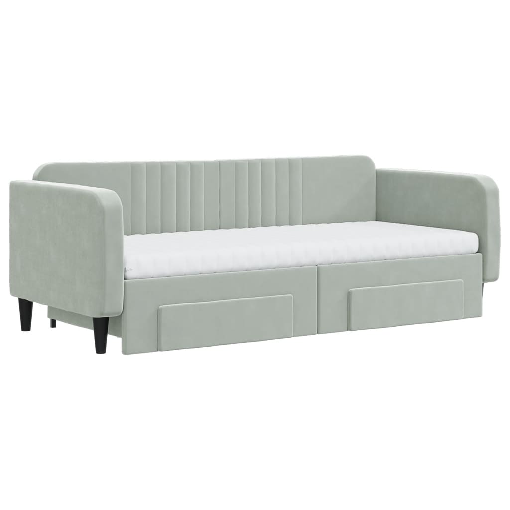Slaapbank Onderschuifbed En Lades Fluweel Lichtgrijs 90 x 200 cm met onderschuifbed en lade en matras