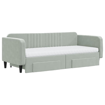 Slaapbank Onderschuifbed En Lades Fluweel Lichtgrijs 90 x 200 cm met onderschuifbed en lade en matras