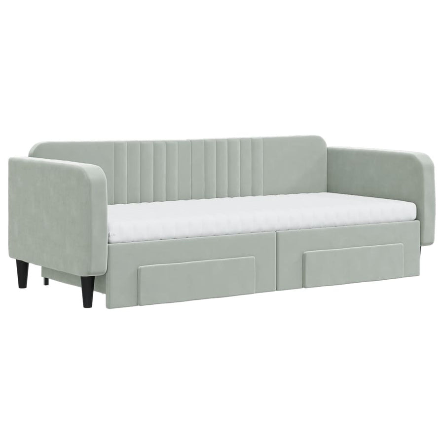 Slaapbank Onderschuifbed En Lades Fluweel Lichtgrijs 90 x 200 cm met onderschuifbed en lade en matras