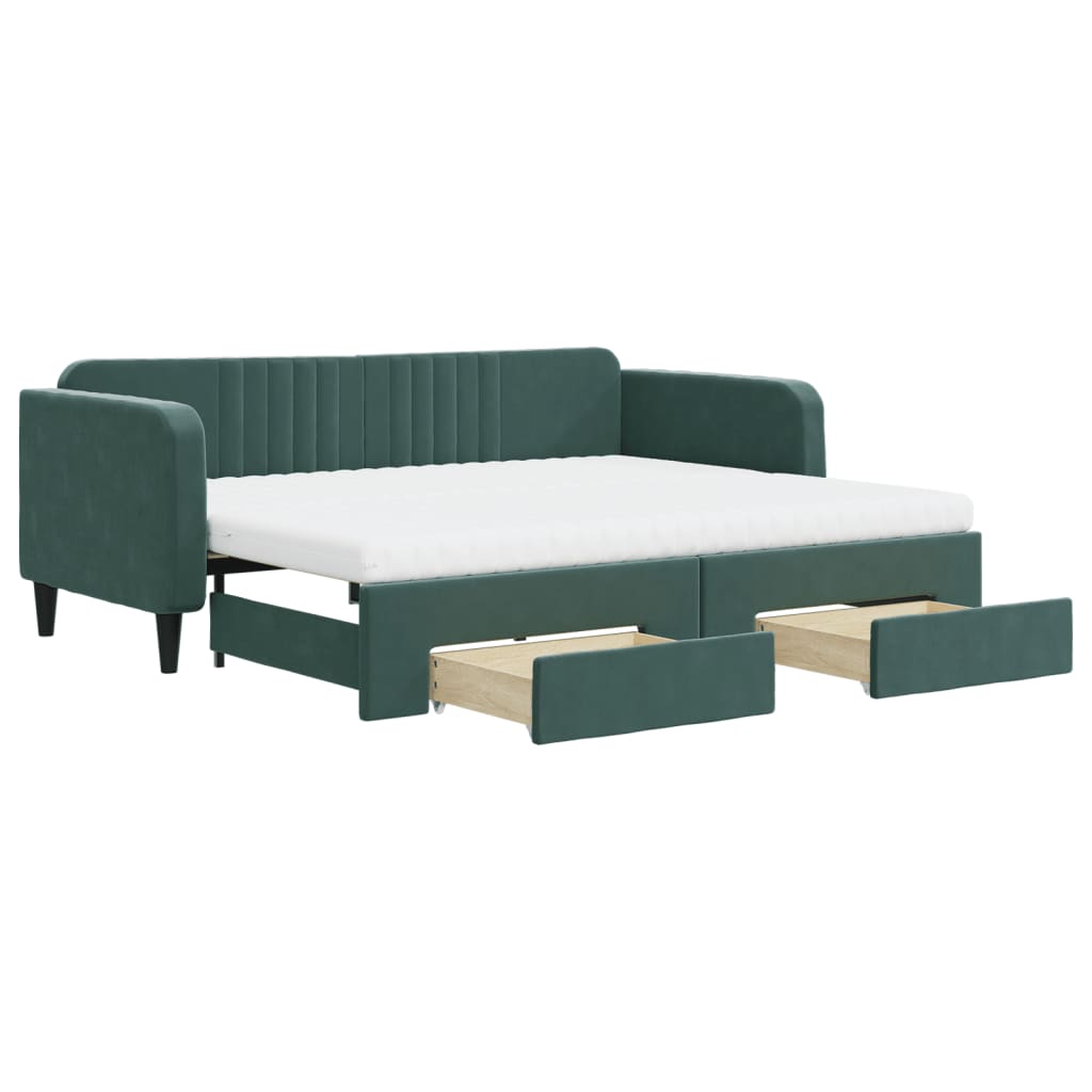 Slaapbank Onderschuifbed En Lades Fluweel Donkergroen 90 x 200 cm met onderschuifbed en lade en matras
