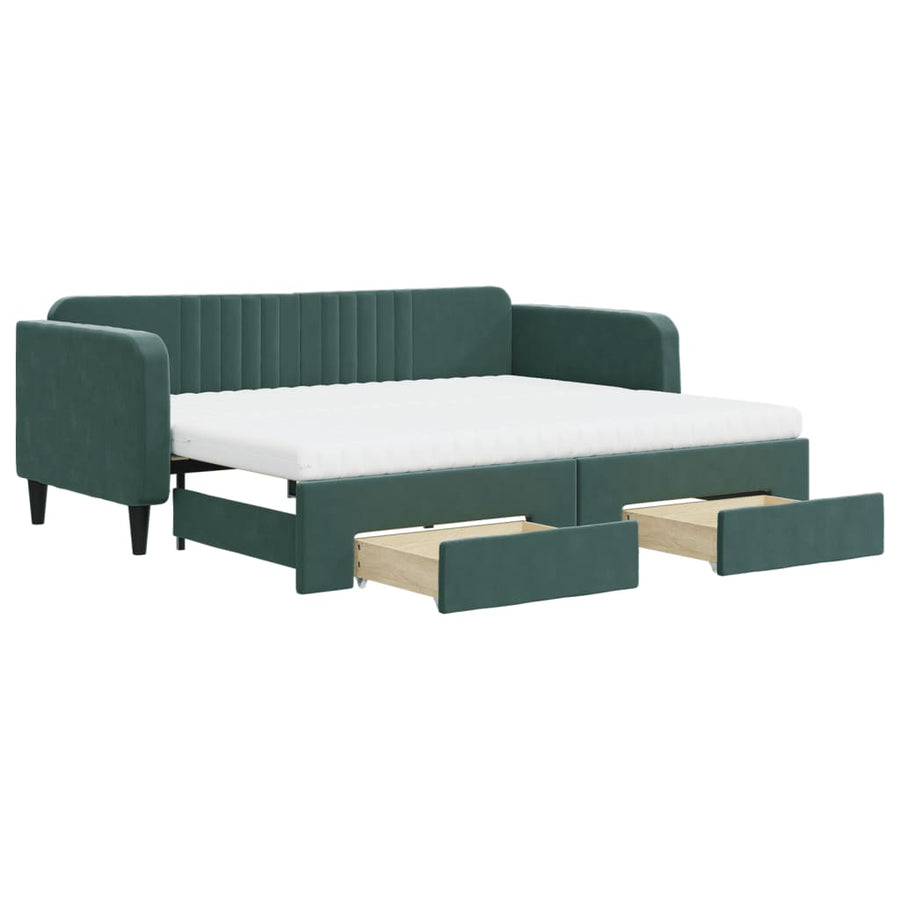 Slaapbank Onderschuifbed En Lades Fluweel Donkergroen 90 x 200 cm met onderschuifbed en lade en matras