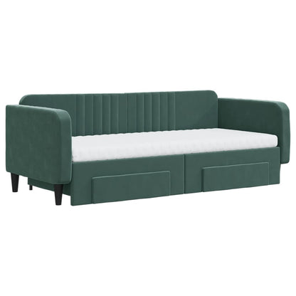 Slaapbank Onderschuifbed En Lades Fluweel Donkergroen 90 x 200 cm met onderschuifbed en lade en matras