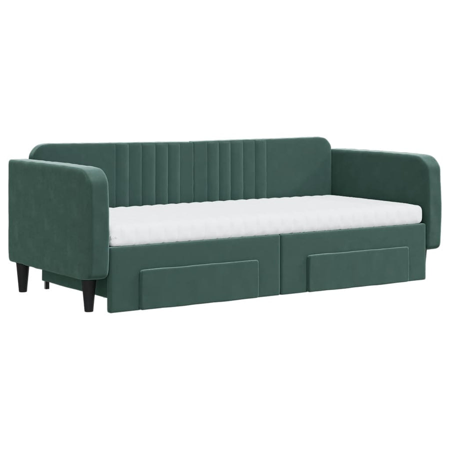 Slaapbank Onderschuifbed En Lades Fluweel Donkergroen 90 x 200 cm met onderschuifbed en lade en matras