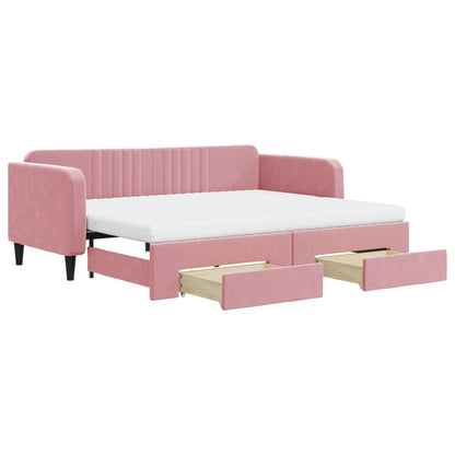 Slaapbank met onderschuifbed en lades 90x200 cm fluweel roze