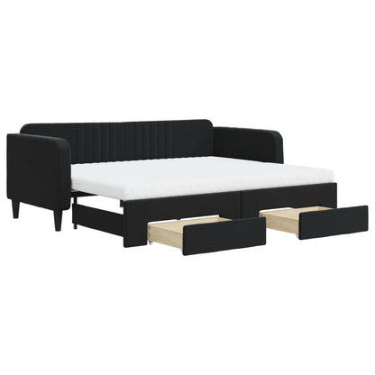 Slaapbank Met Onderschuifbed En Lades Fluweel 90 x 200 cm Zwart met onderschuifbed en lade en matras