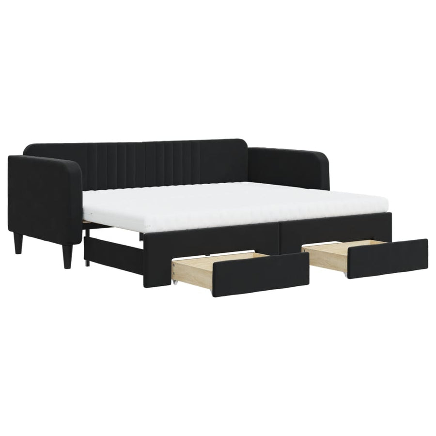 Slaapbank Met Onderschuifbed En Lades Fluweel 90 x 200 cm Zwart met onderschuifbed en lade en matras