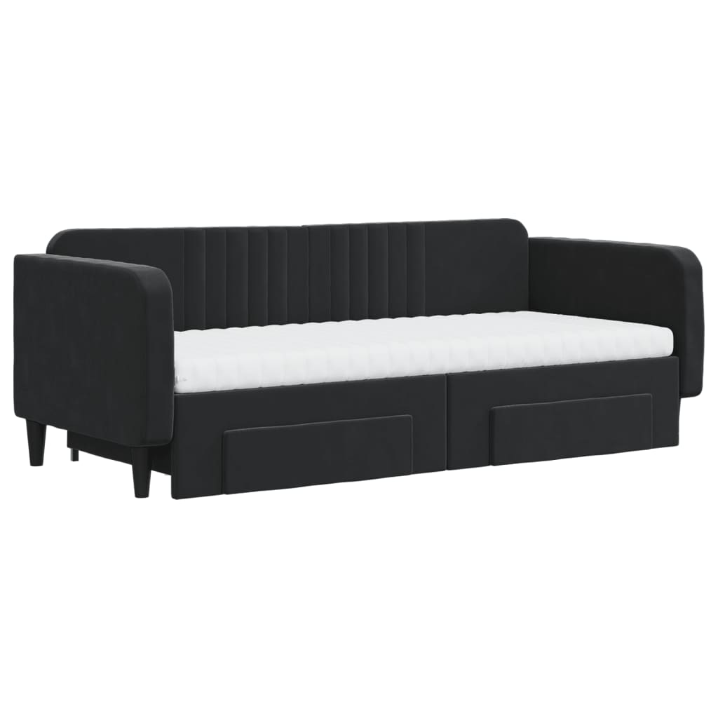 Slaapbank Met Onderschuifbed En Lades Fluweel 90 x 200 cm Zwart met onderschuifbed en lade en matras