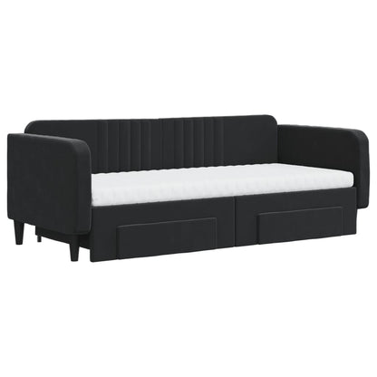 Slaapbank Met Onderschuifbed En Lades Fluweel 90 x 200 cm Zwart met onderschuifbed en lade en matras