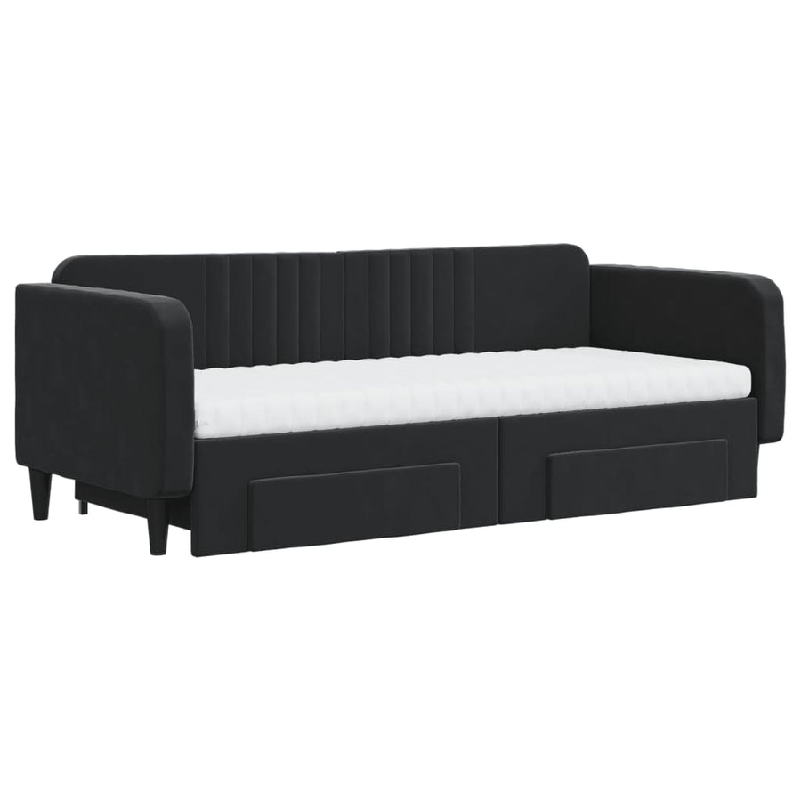 Slaapbank Met Onderschuifbed En Lades Fluweel 90 x 200 cm Zwart met onderschuifbed en lade en matras