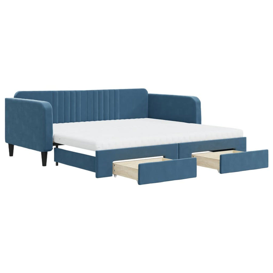 Slaapbank Met Onderschuifbed En Lades Fluweel 100 x 200 cm Blauw met onderschuifbed en lade en matras