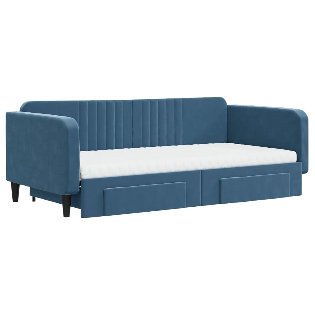 Slaapbank Met Onderschuifbed En Lades Fluweel 100 x 200 cm Blauw met onderschuifbed en lade en matras