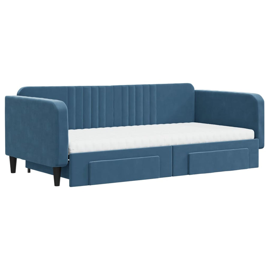 Slaapbank Met Onderschuifbed En Lades Fluweel 100 x 200 cm Blauw met onderschuifbed en lade en matras