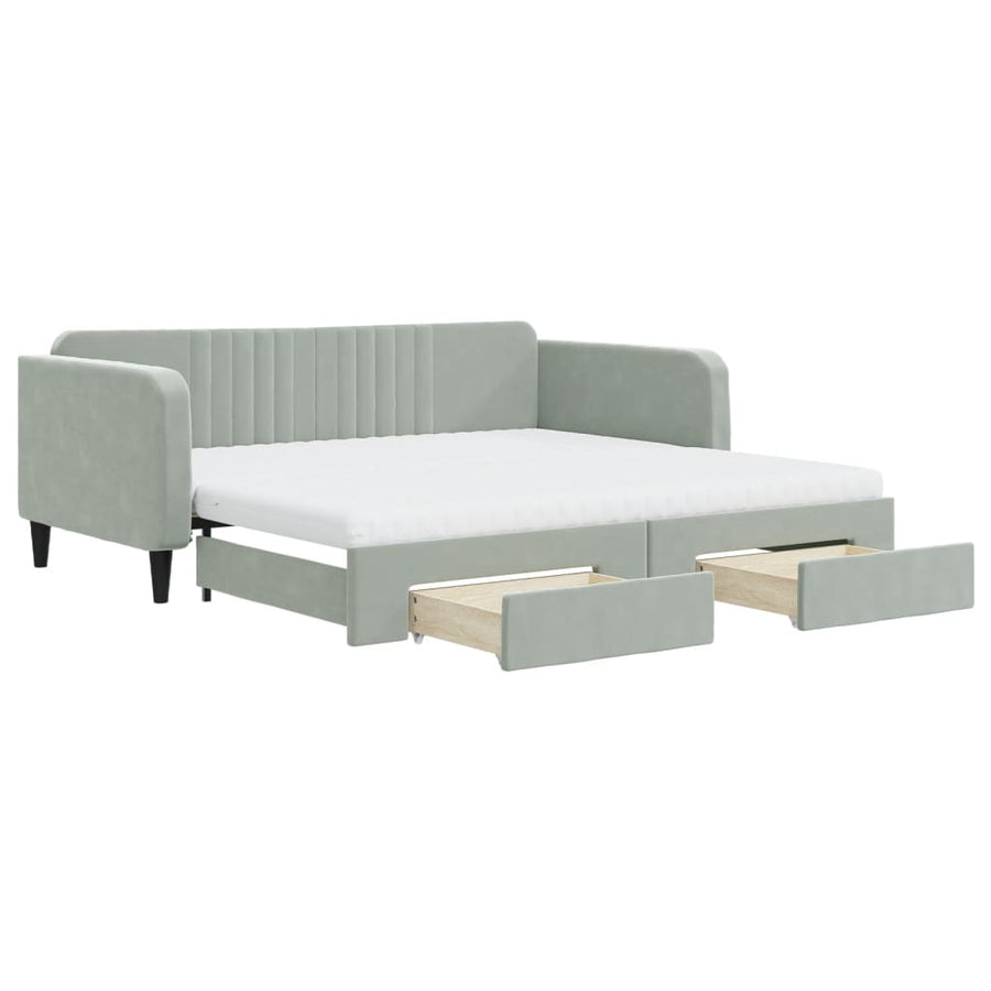 Slaapbank Onderschuifbed En Lades Fluweel 100 x 200 cm Lichtgrijs met onderschuifbed en lade en matras