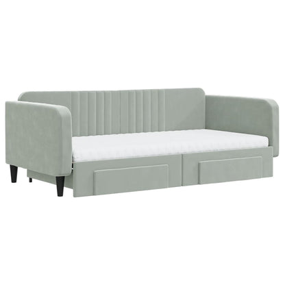 Slaapbank Onderschuifbed En Lades Fluweel 100 x 200 cm Lichtgrijs met onderschuifbed en lade en matras