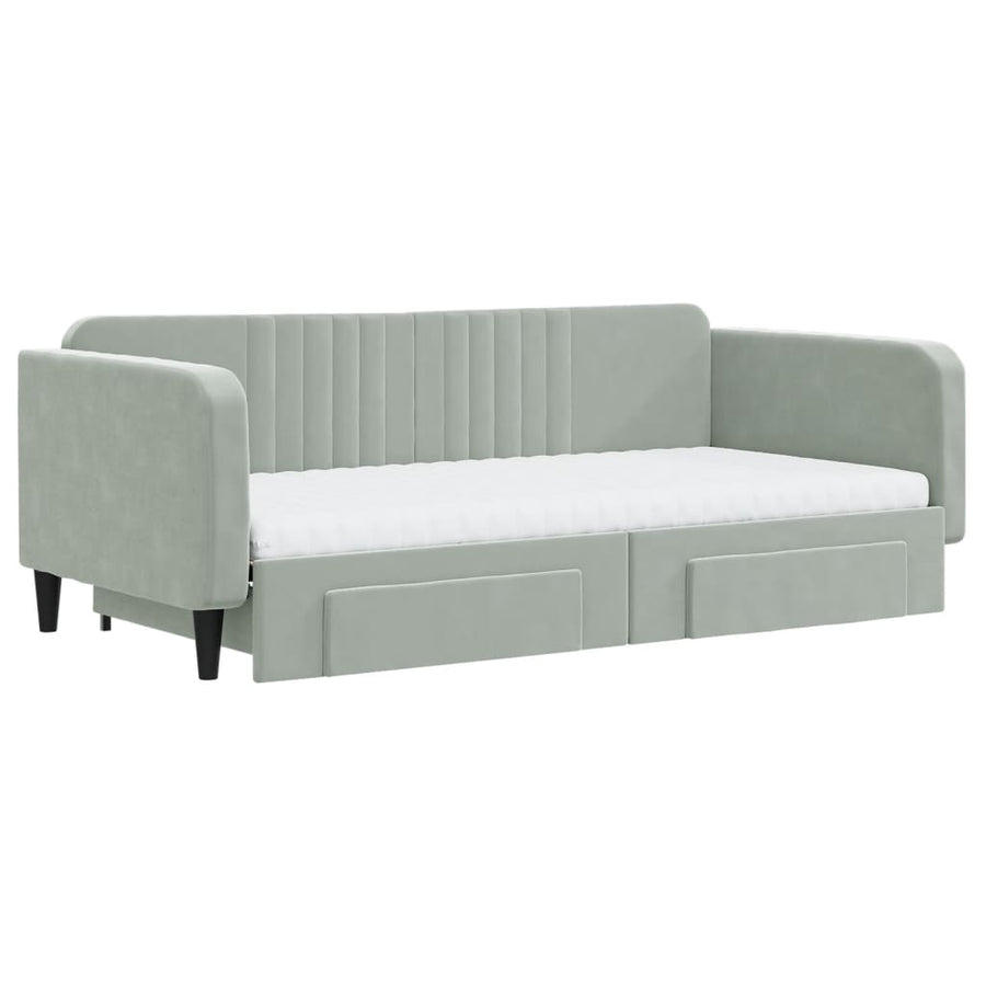 Slaapbank Onderschuifbed En Lades Fluweel 100 x 200 cm Lichtgrijs met onderschuifbed en lade en matras