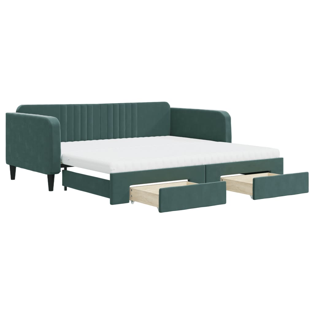 Slaapbank Onderschuifbed Lades Fluweel Donkergroen 100 x 200 cm met onderschuifbed en lade en matras