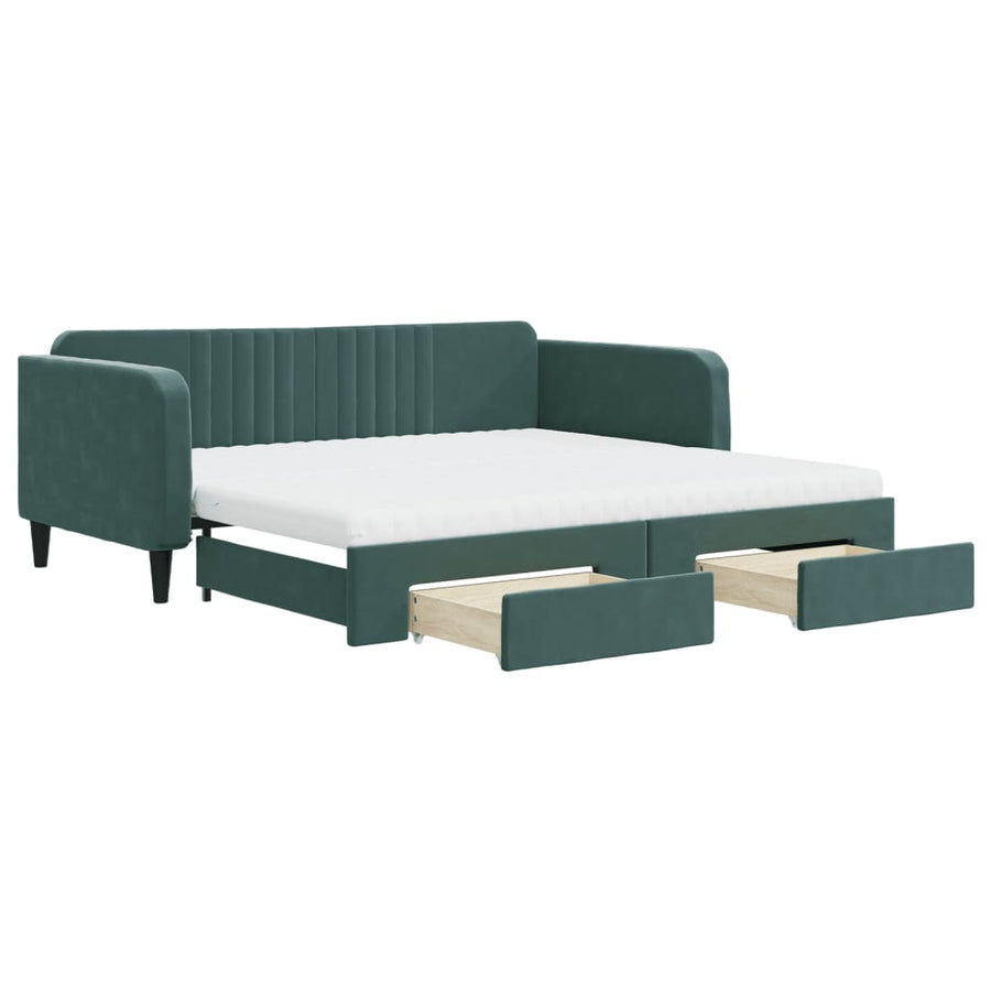 Slaapbank Onderschuifbed Lades Fluweel Donkergroen 100 x 200 cm met onderschuifbed en lade en matras
