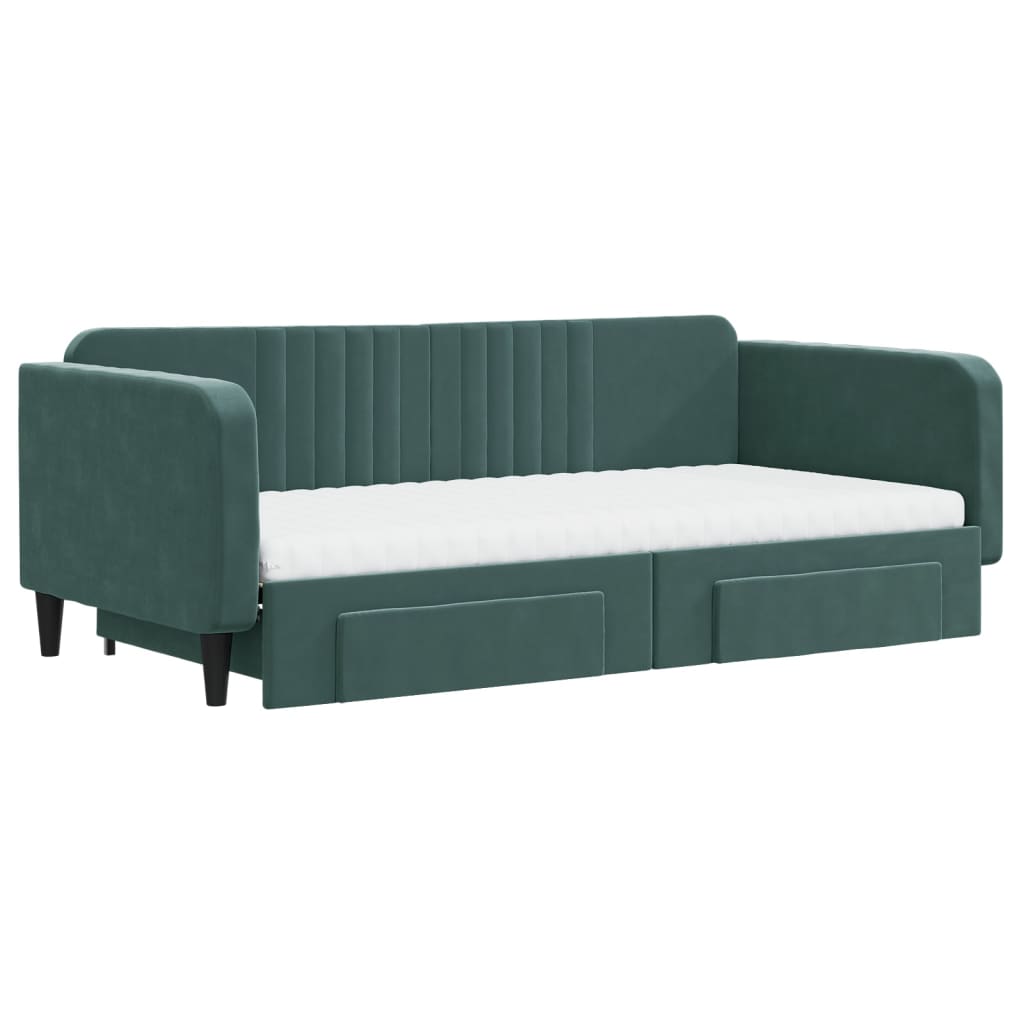 Slaapbank Onderschuifbed Lades Fluweel Donkergroen 100 x 200 cm met onderschuifbed en lade en matras