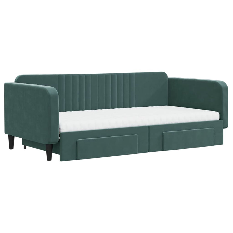 Slaapbank Onderschuifbed Lades Fluweel Donkergroen 100 x 200 cm met onderschuifbed en lade en matras