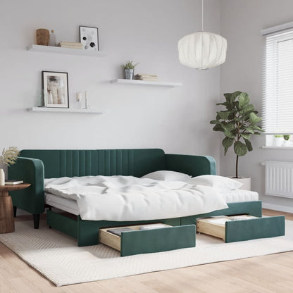 Slaapbank Onderschuifbed Lades Fluweel Donkergroen 100 x 200 cm met onderschuifbed en lade en matras