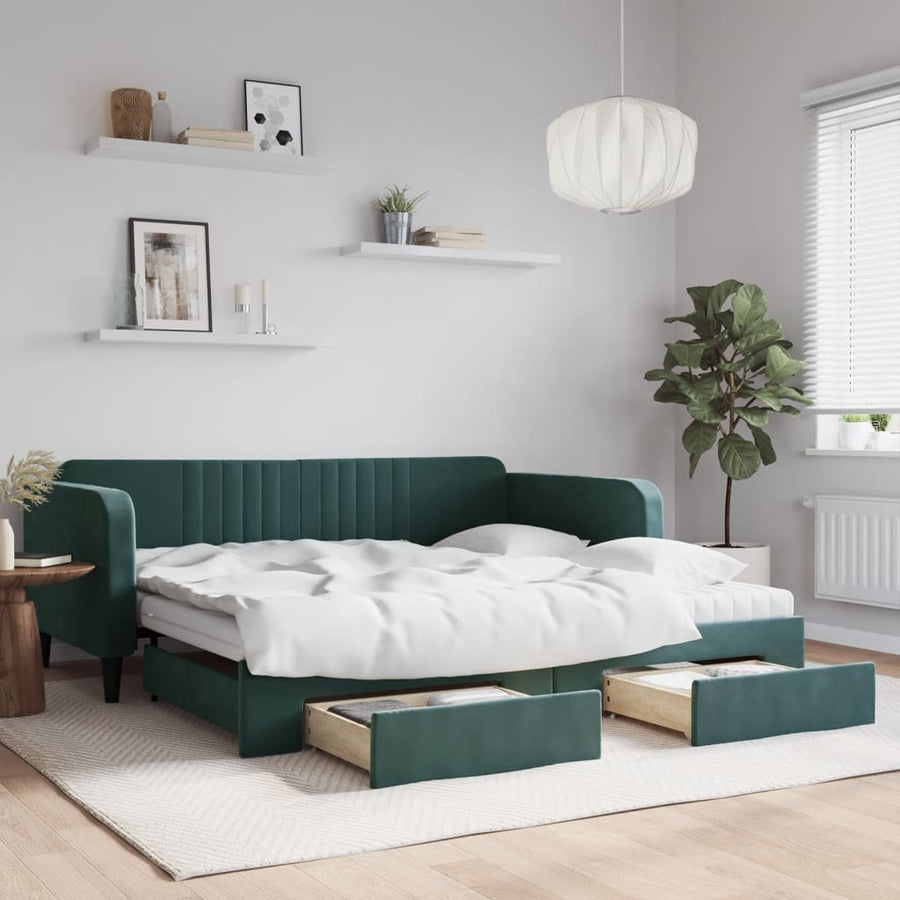 Slaapbank Onderschuifbed Lades Fluweel Donkergroen 100 x 200 cm met onderschuifbed en lade en matras
