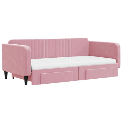 Slaapbank met onderschuifbed en lades 100x200 cm fluweel roze