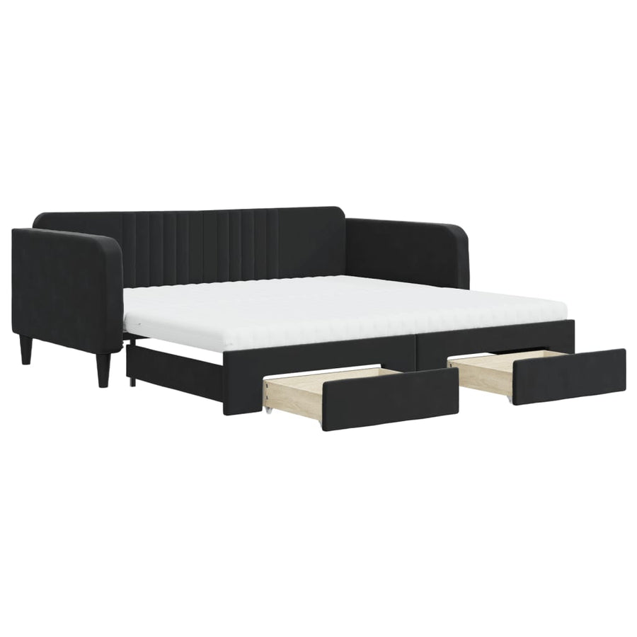 Slaapbank Met Onderschuifbed En Lades Fluweel 100 x 200 cm Zwart met onderschuifbed en lade en matras