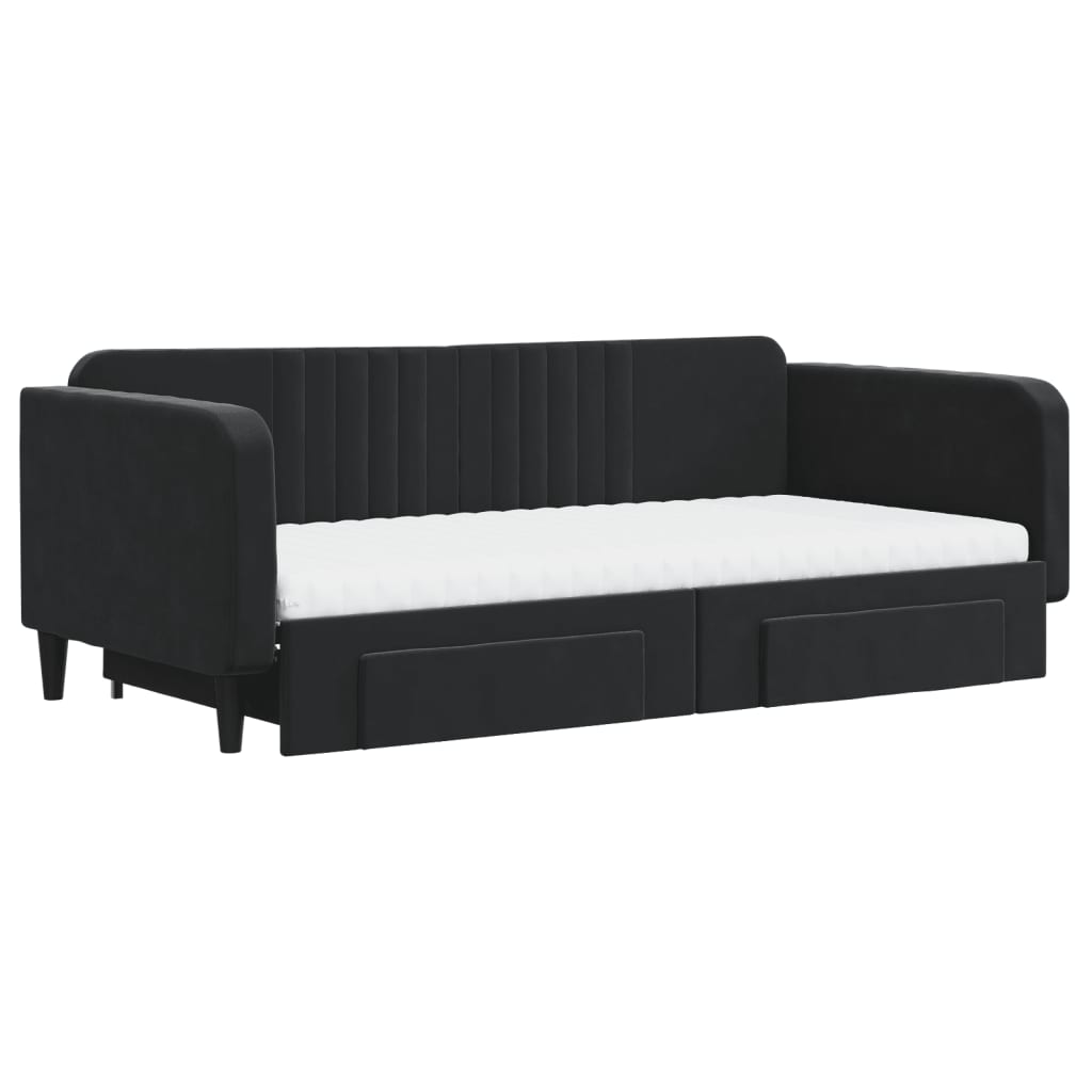 Slaapbank Met Onderschuifbed En Lades Fluweel 100 x 200 cm Zwart met onderschuifbed en lade en matras