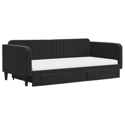 Slaapbank Met Onderschuifbed En Lades Fluweel 100 x 200 cm Zwart met onderschuifbed en lade en matras