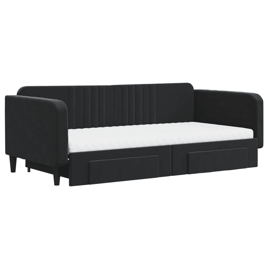 Slaapbank Met Onderschuifbed En Lades Fluweel 100 x 200 cm Zwart met onderschuifbed en lade en matras