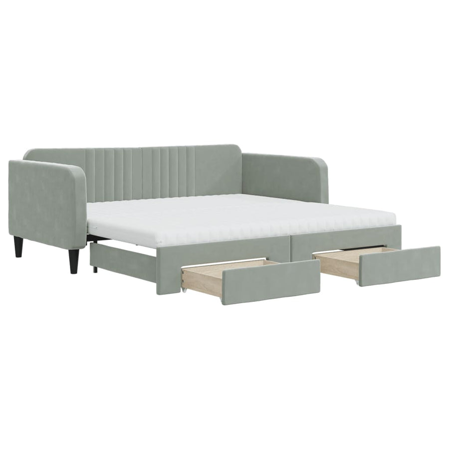 Slaapbank Onderschuifbed En Lades Fluweel Lichtgrijs 90 x 190 cm met onderschuifbed en lade en matras