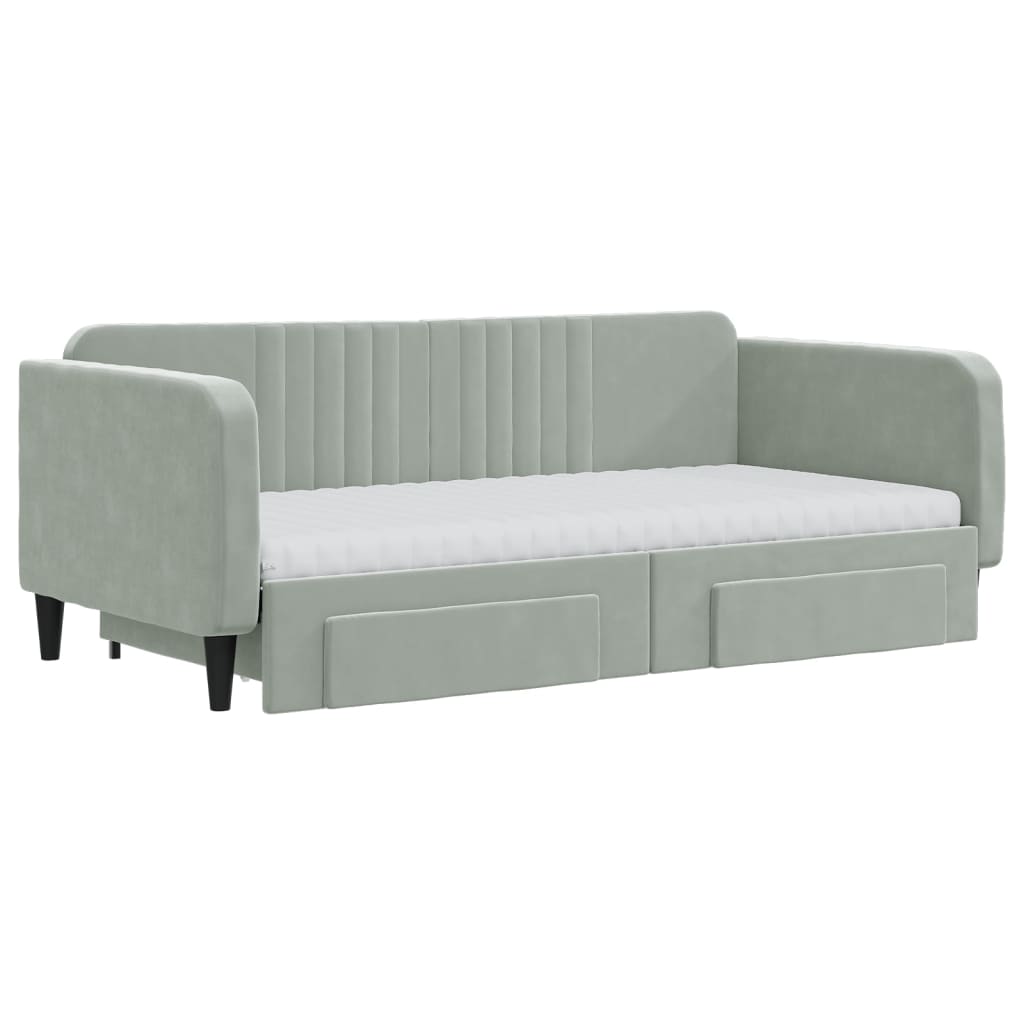 Slaapbank Onderschuifbed En Lades Fluweel Lichtgrijs 90 x 190 cm met onderschuifbed en lade en matras