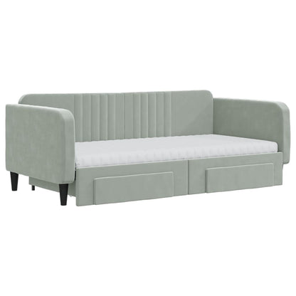 Slaapbank Onderschuifbed En Lades Fluweel Lichtgrijs 90 x 190 cm met onderschuifbed en lade en matras