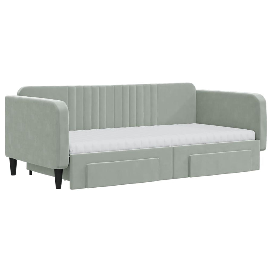 Slaapbank Onderschuifbed En Lades Fluweel Lichtgrijs 90 x 190 cm met onderschuifbed en lade en matras