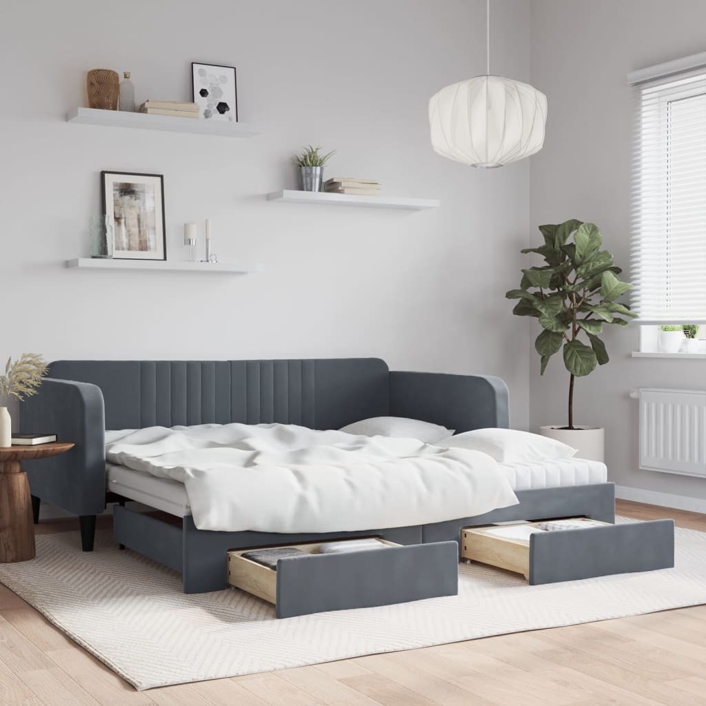 Slaapbank onderschuifbed en lades 90x190 cm fluweel donkergrijs