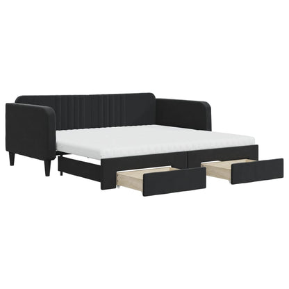 Slaapbank Met Onderschuifbed En Lades Fluweel Zwart 90 x 190 cm met onderschuifbed en lade en matras