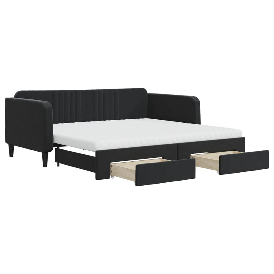 Slaapbank Met Onderschuifbed En Lades Fluweel Zwart 90 x 190 cm met onderschuifbed en lade en matras
