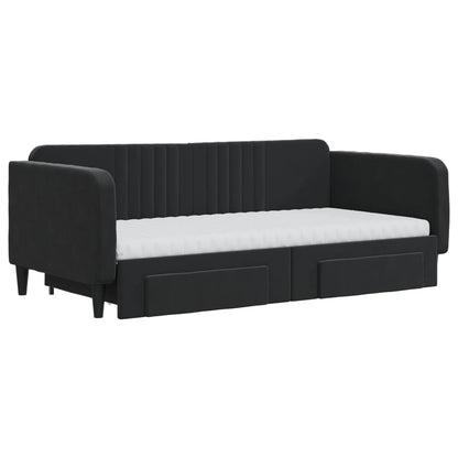Slaapbank Met Onderschuifbed En Lades Fluweel Zwart 90 x 190 cm met onderschuifbed en lade en matras