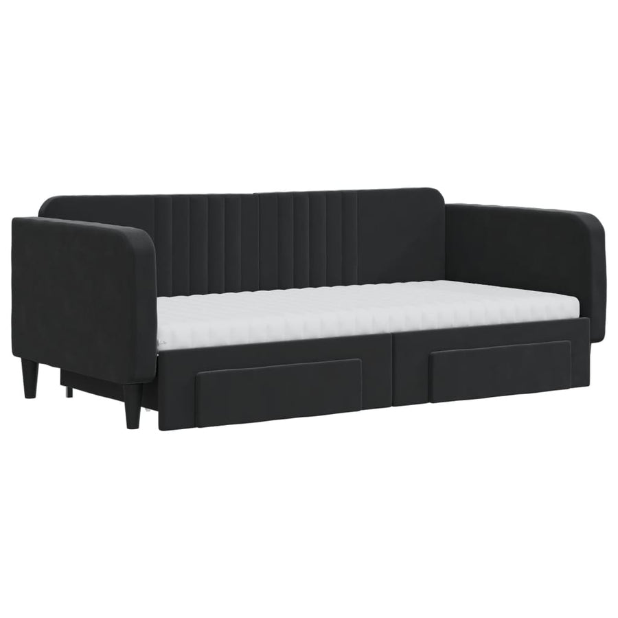 Slaapbank Met Onderschuifbed En Lades Fluweel Zwart 90 x 190 cm met onderschuifbed en lade en matras