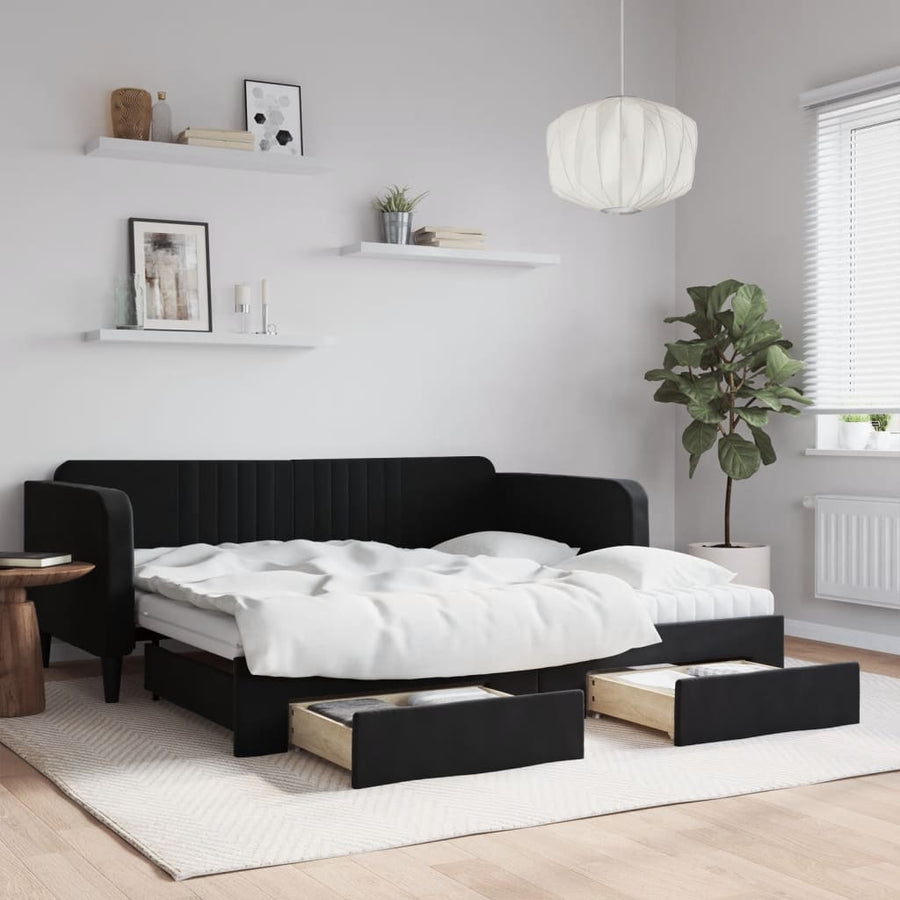Slaapbank Met Onderschuifbed En Lades Fluweel Zwart 90 x 190 cm met onderschuifbed en lade en matras
